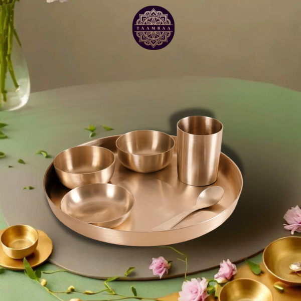 Kansa Dinner Plate Set - 5 pieces set (1 plate, 3 bowls, 1 glass and 1 spoon) - Image 3