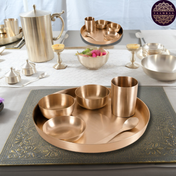 Kansa Dinner Plate Set - 5 pieces set (1 plate, 3 bowls, 1 glass and 1 spoon) - Image 4