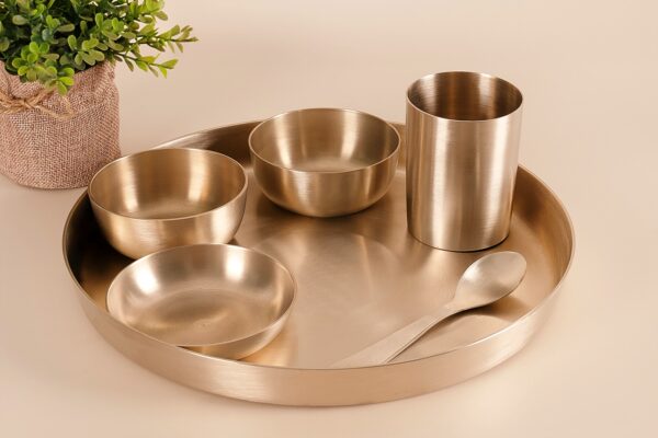 Kansa Dinner Plate Set - 5 pieces set (1 plate, 3 bowls, 1 glass and 1 spoon)